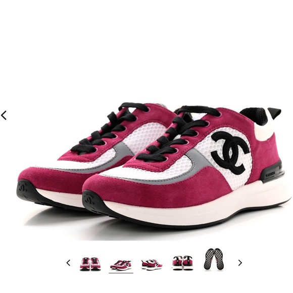 CHANEL Shoes - Chanel Mesh Suede Calfskin Womens CC Sneakers 38 White Dark Pink Grey
